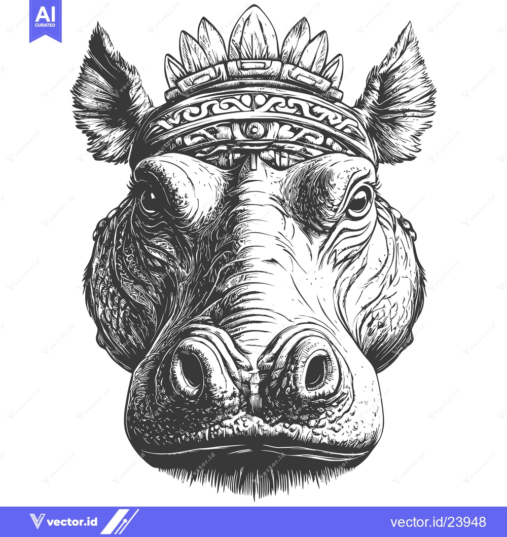 Premium Vector of Black and White Illustration of a Hippopotamus Wearing a Feathered Hea