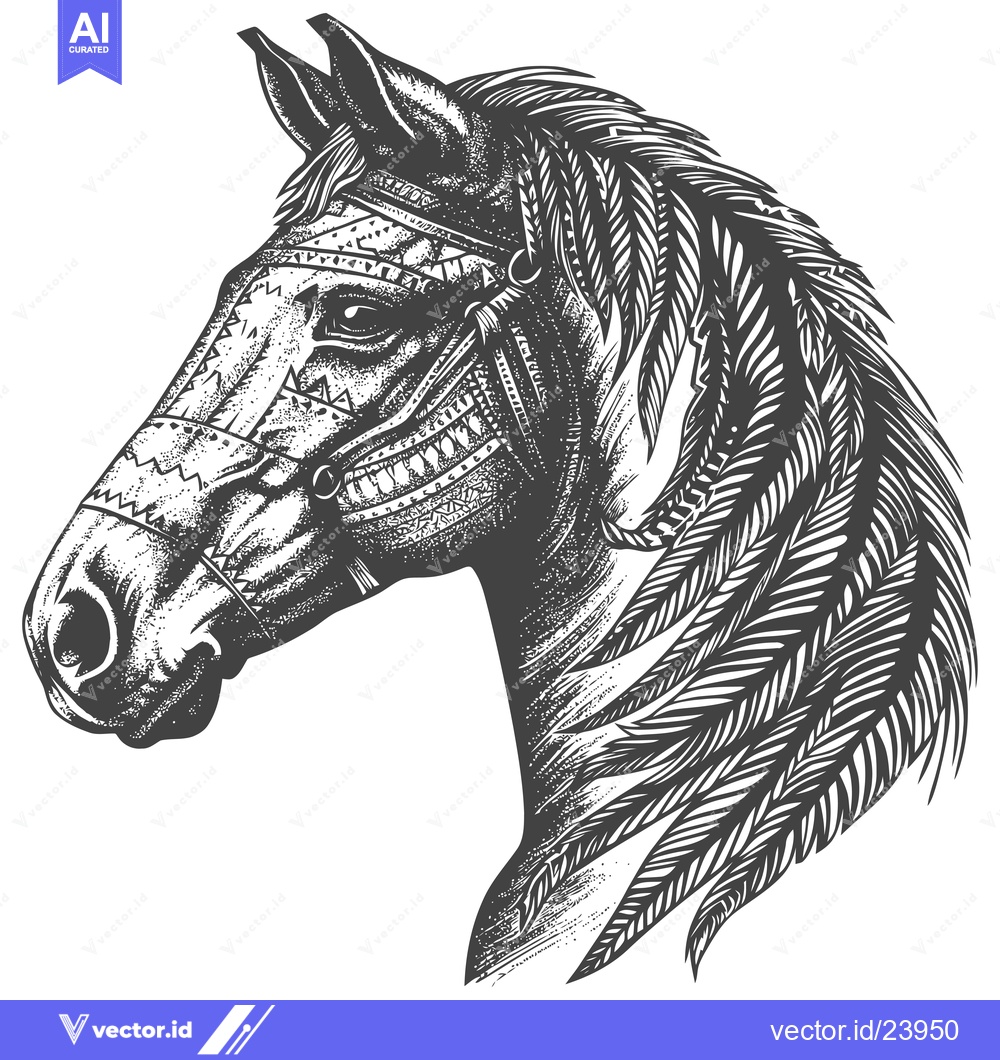 Premium Vector of Black and White Illustration of a Horse Head with Feathers