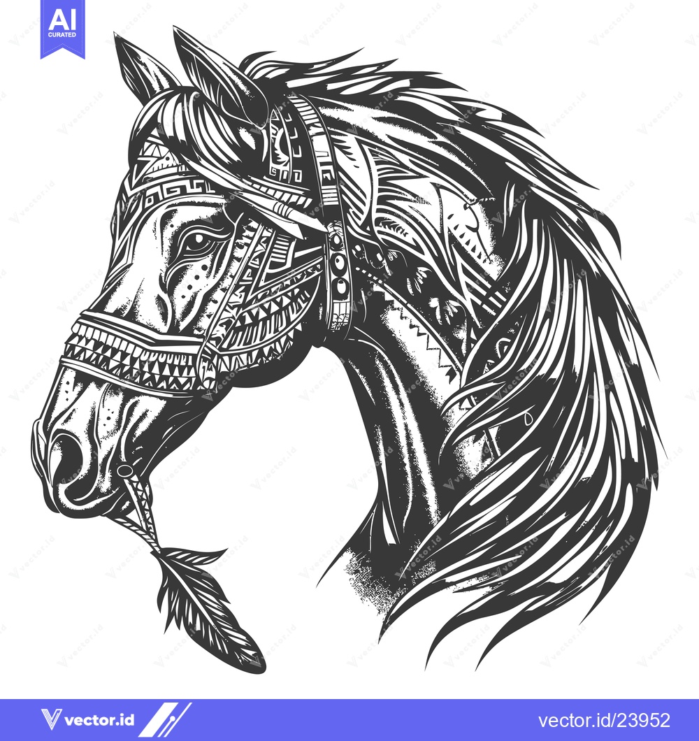 Premium Vector of Black and White Illustration of a Horse's Head with Tribal Patterns