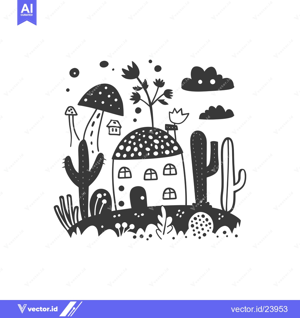Premium Vector dari Black and White Illustration of a House in a Fantasy Landscape with Ca