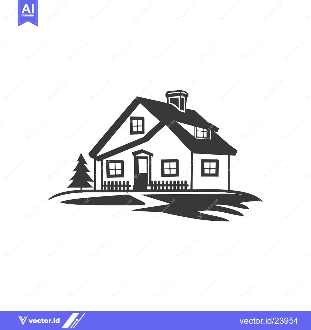Premium Vector dari Black and White Illustration of a House with a Tree and Fence