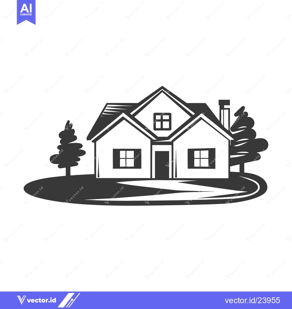 Premium Vector dari Black and White Illustration of a House with Trees
