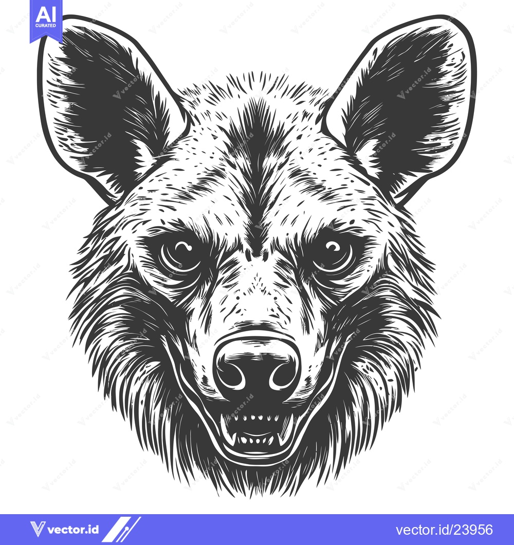 Premium Vector dari Black and White Illustration of a Hyena Head with Open Mouth and Sharp