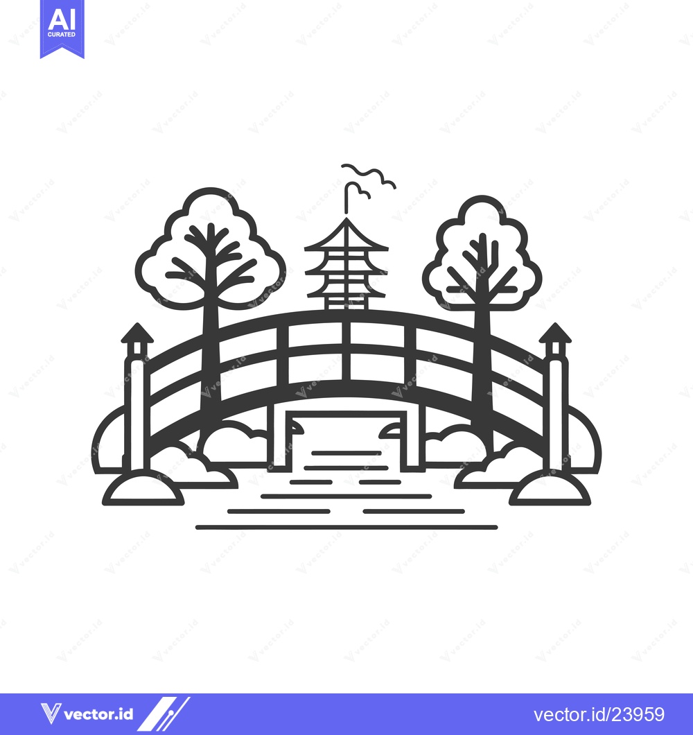 Premium Vector of Black and white illustration of a Japanese bridge, trees, and pagoda