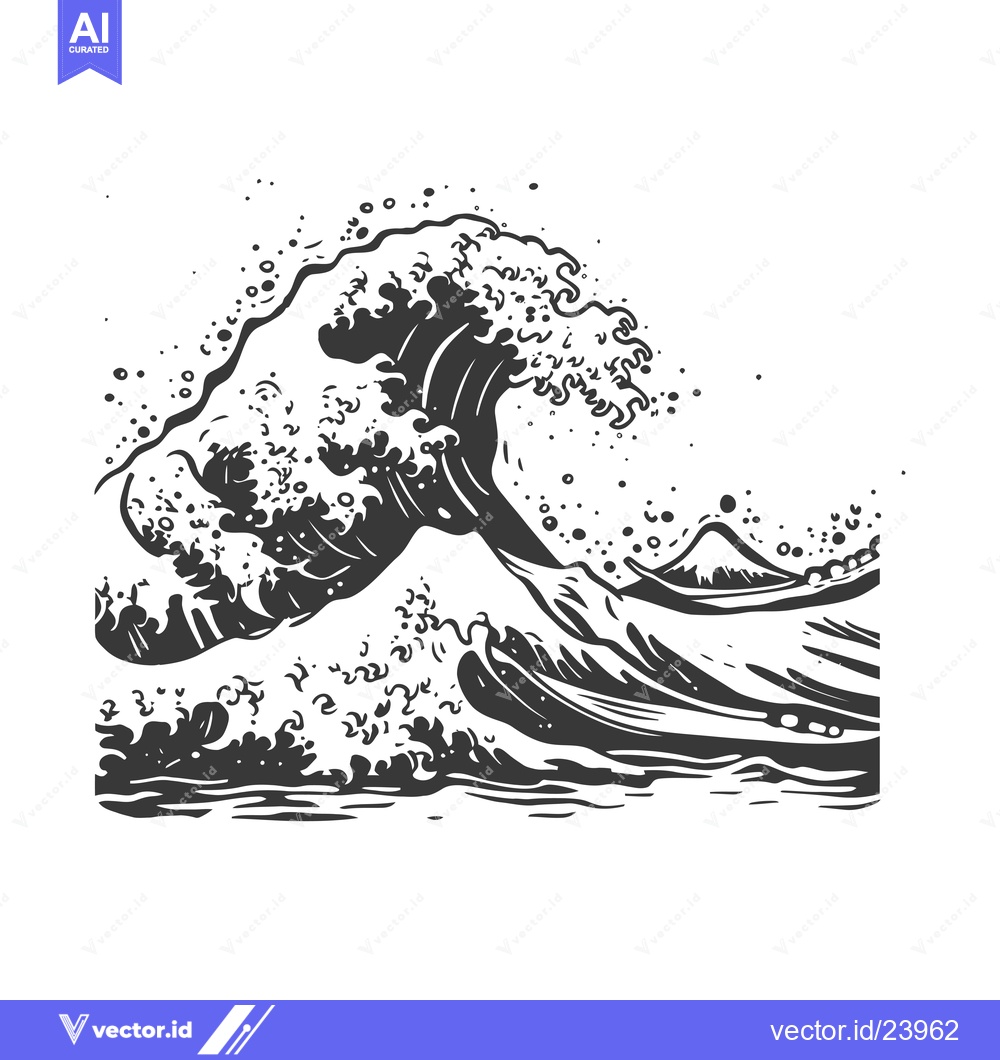 Premium Vector dari Black and White Illustration of a Large Wave Breaking Over a Mountain