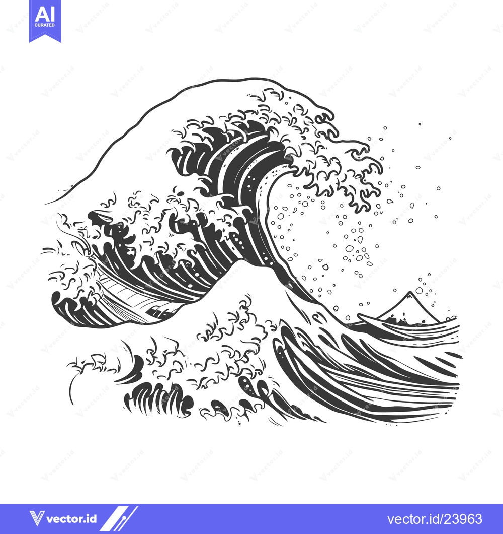 Premium Vector dari Black and White Illustration of a Large Wave Breaking Over a Mountain