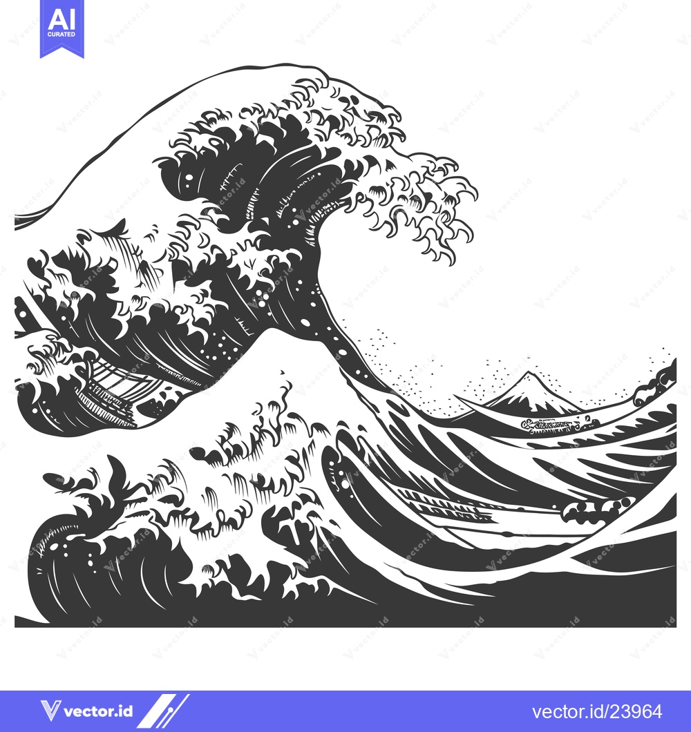 Premium Vector dari Black and White Illustration of a Large Wave Crashing Over Mount Fuji