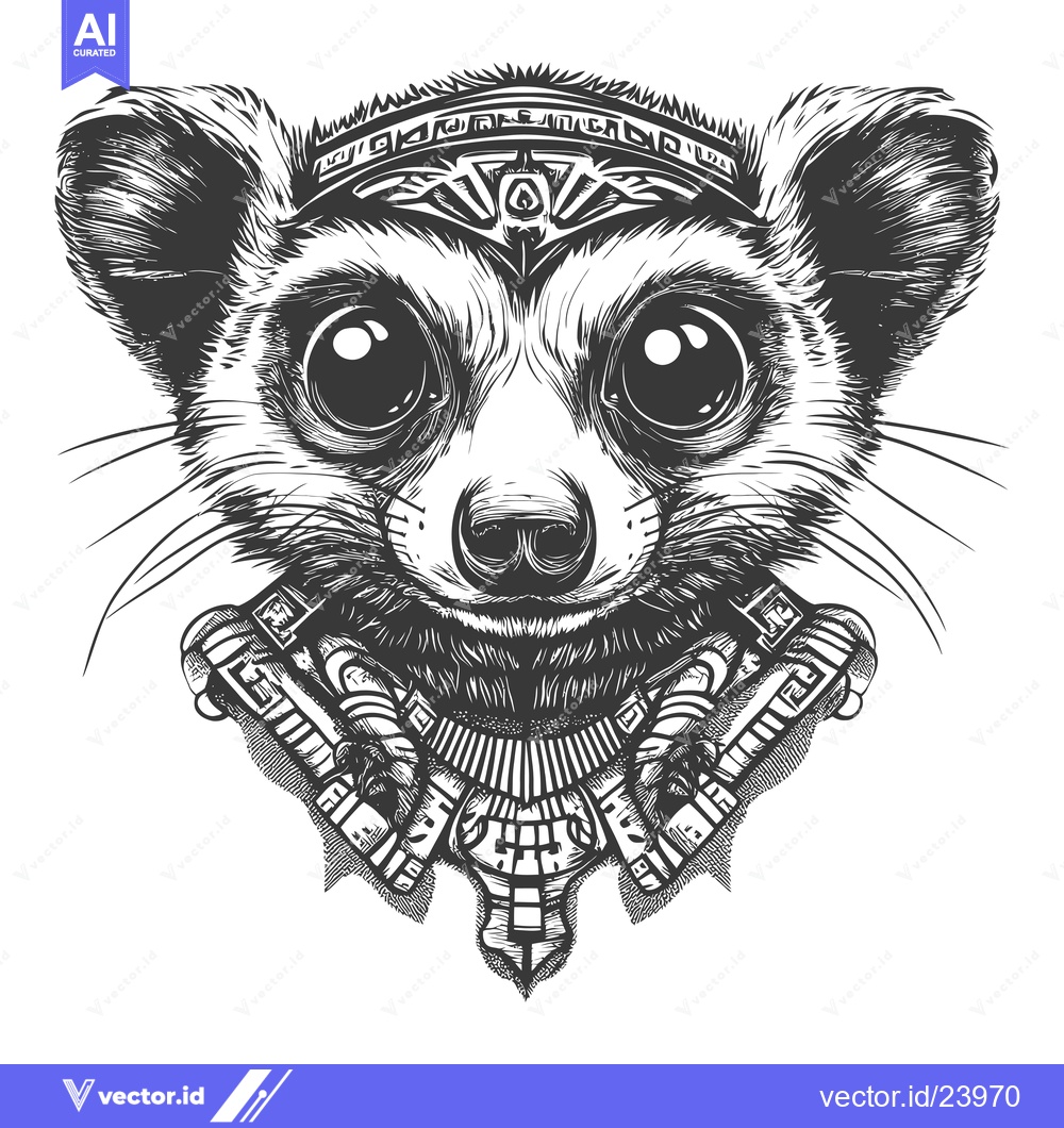 Premium Vector dari Black and White Illustration of a Lemur Wearing a Tribal Crown and Nec