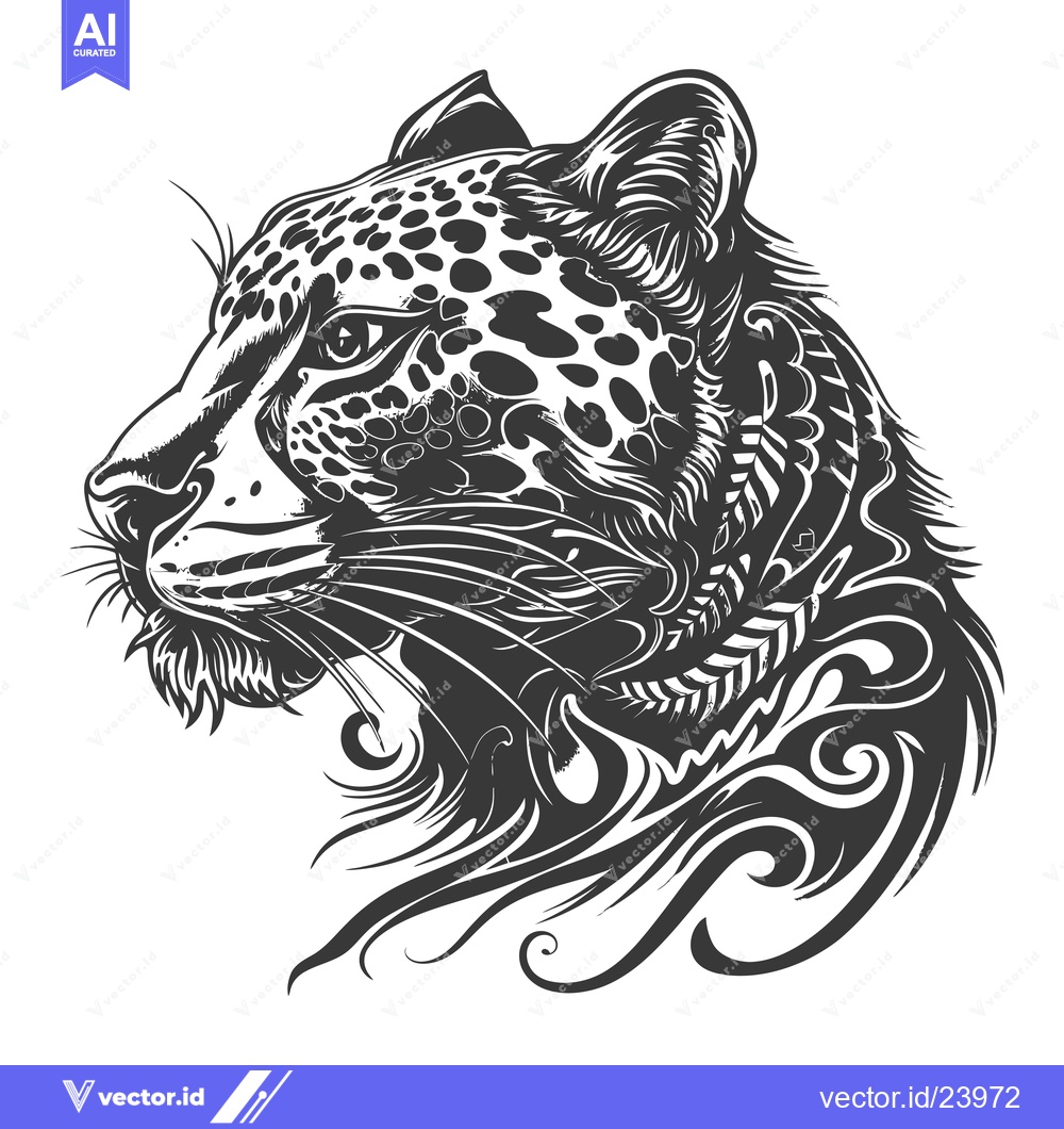 Premium Vector dari Black and White Illustration of a Leopard's Head with Ornamental Detai