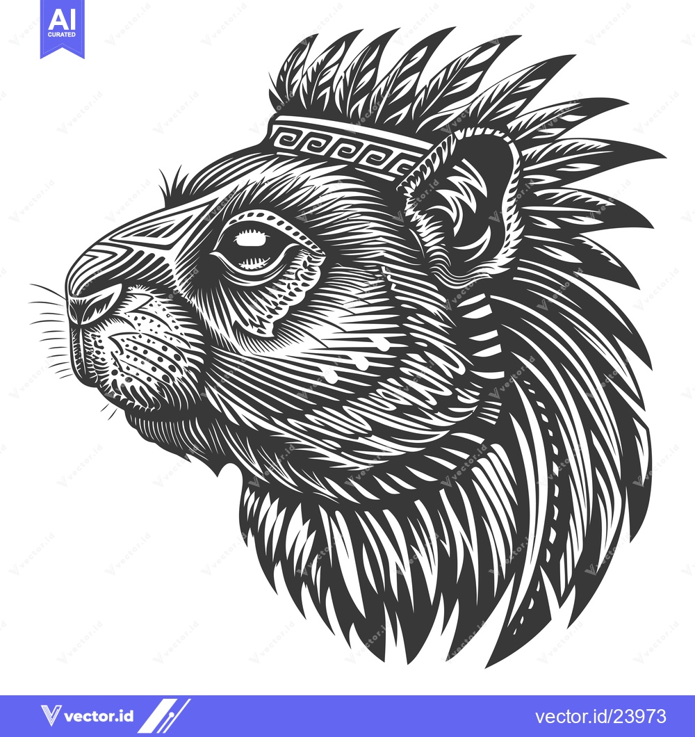 Premium Vector of Black and White Illustration of a Lion Wearing a Feather Headdress