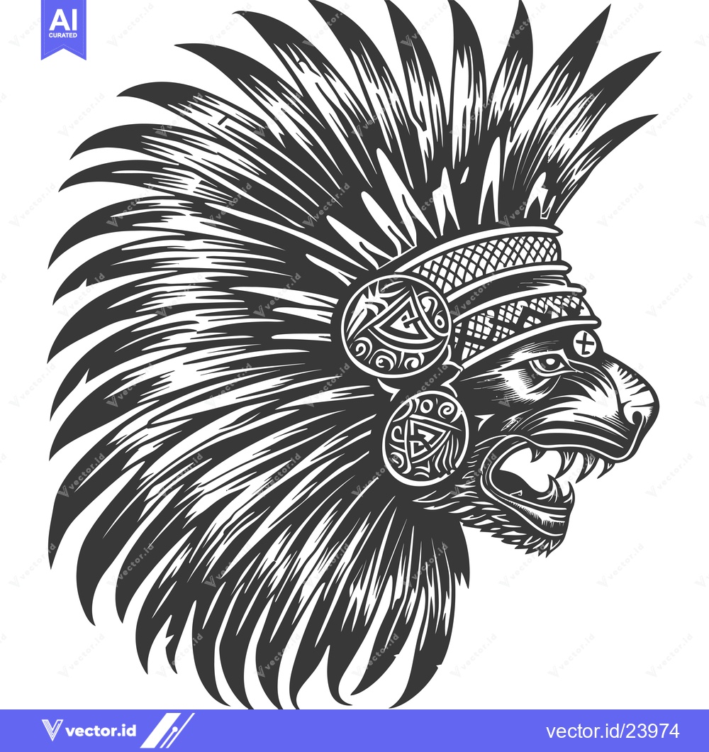 Premium Vector dari Black and White Illustration of a Lion Wearing a Native American Headd