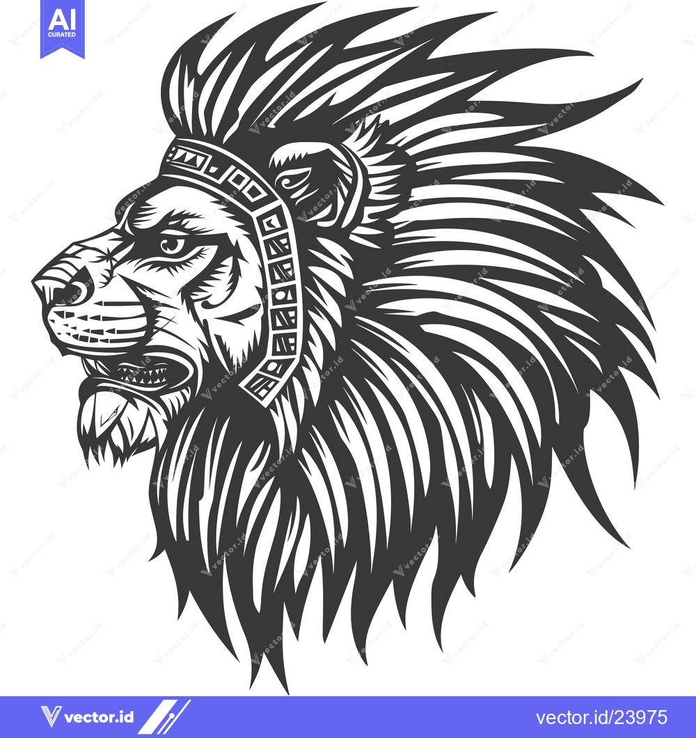 Premium Vector dari Black and White Illustration of a Lion with a Native American Headdres