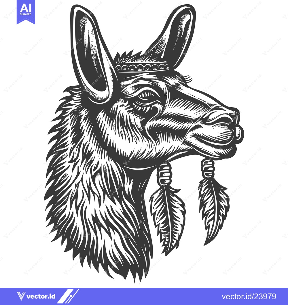 Premium Vector dari Black and White Illustration of a Llama Head with Feathers