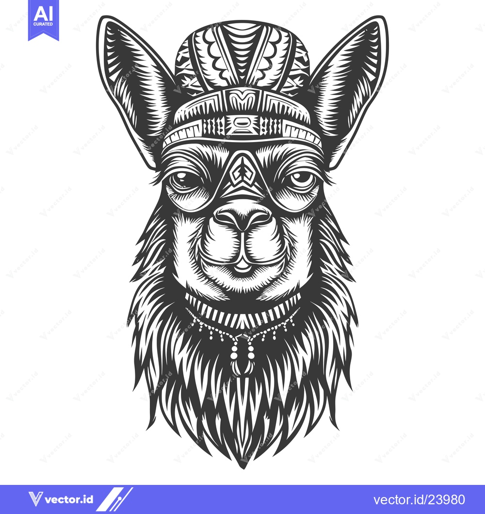 Premium Vector dari Black and White Illustration of a Llama with Traditional Headwear
