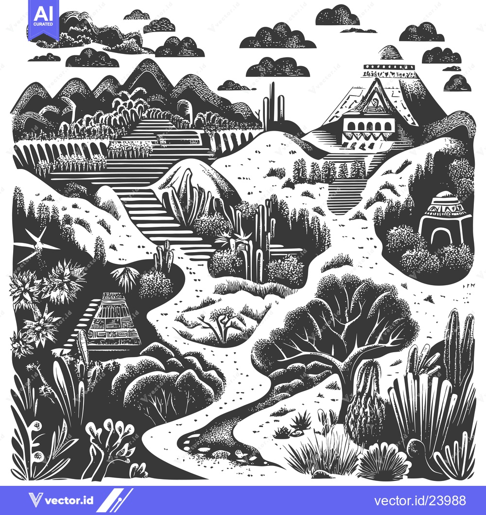 Premium Vector dari Black and White Illustration of a Lush Desert Landscape with a Mayan P