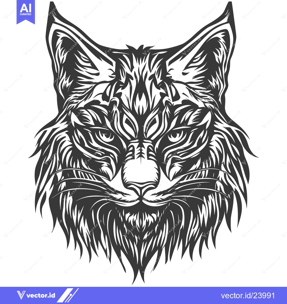 Premium Vector of Black and White Illustration of a Lynx's Head with Fur Detail