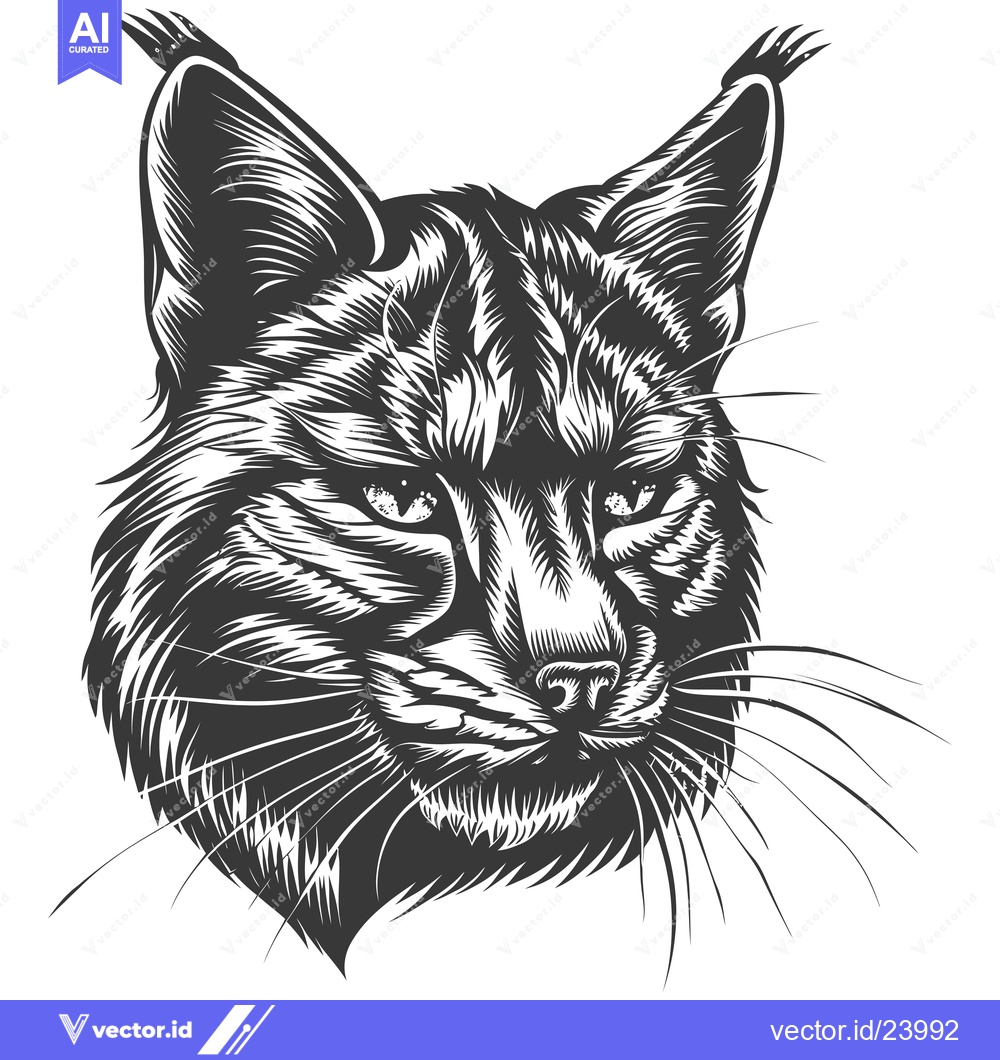 Premium Vector dari Black and White Illustration of a Lynx's Head with Sharp Ears and Whis