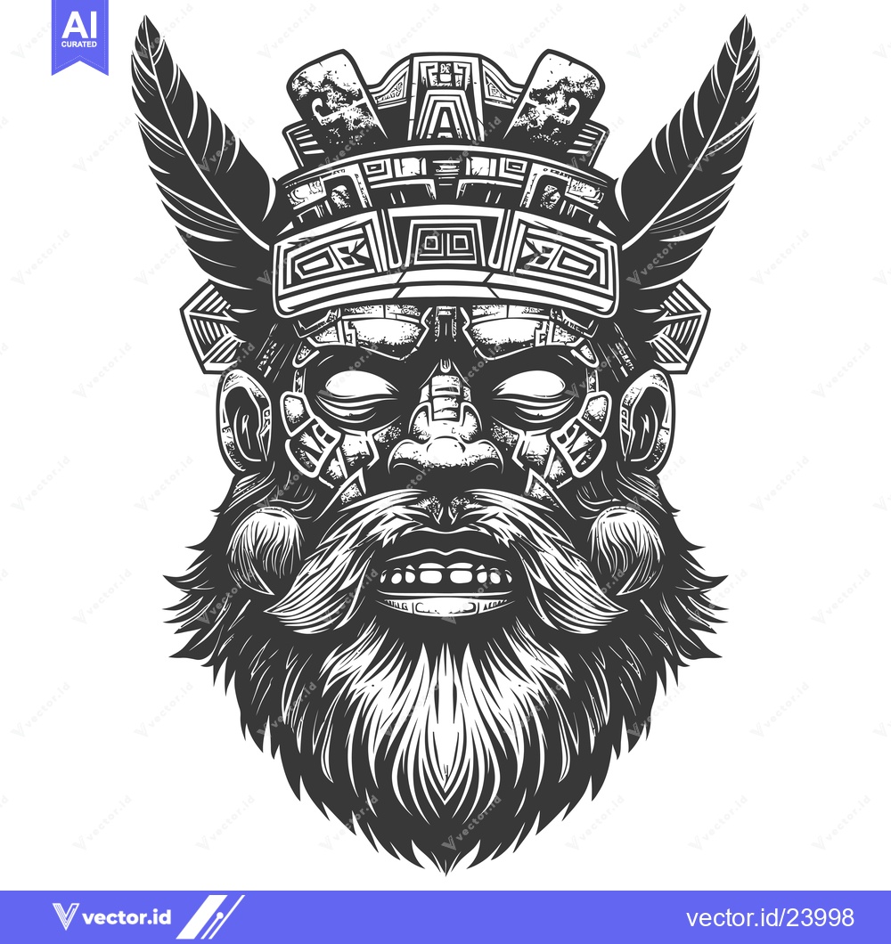 Premium Vector dari Black and White Illustration of a Man's Face with a Feathered Headpiec