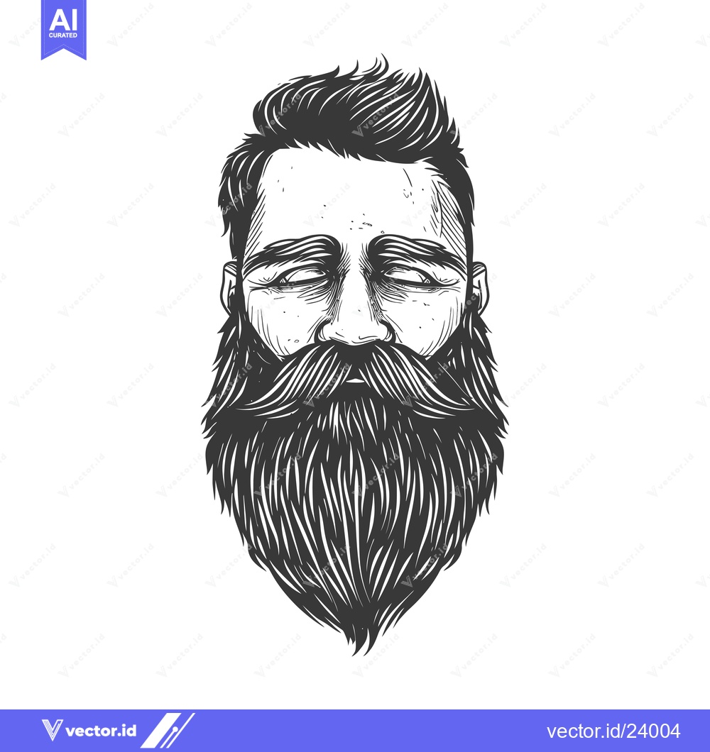 Premium Vector of Black and White Illustration of a Man with a Long Beard and Mustache