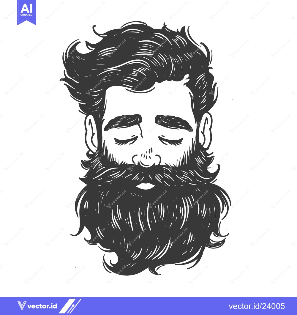 Premium Vector dari Black and White Illustration of a Man with a Long Beard and Wavy Hair
