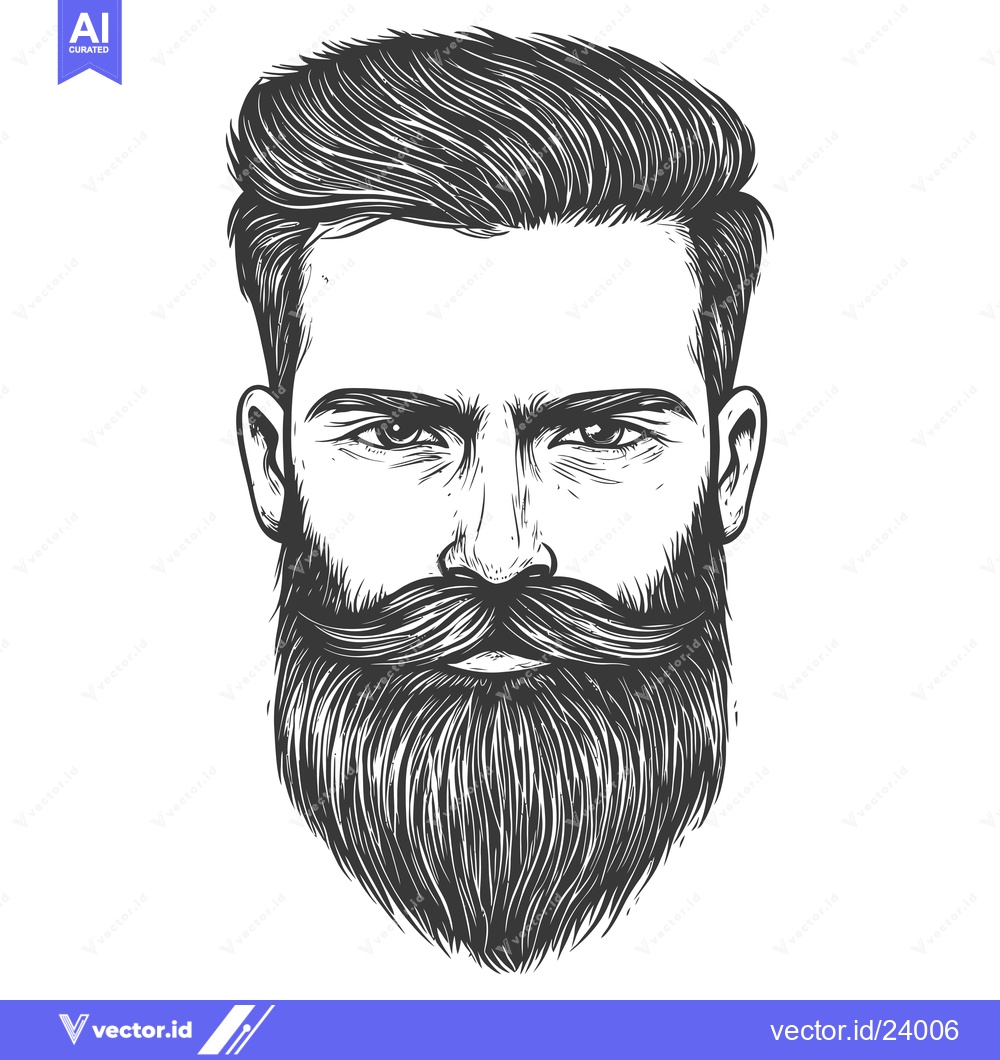 Premium Vector dari Black and White Illustration of a Man with a Thick Beard and Mustache