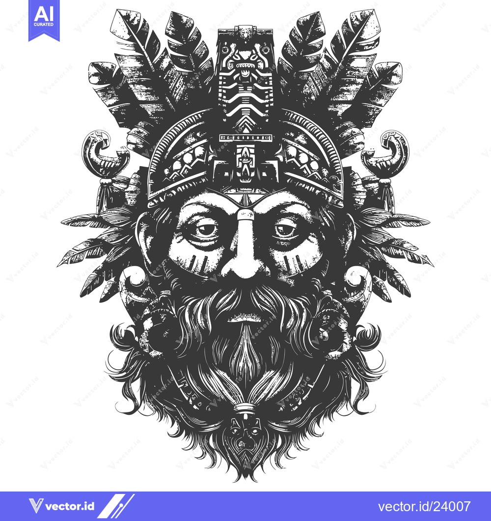 Premium Vector dari Black and White Illustration of a Man with Feathers and a Beard