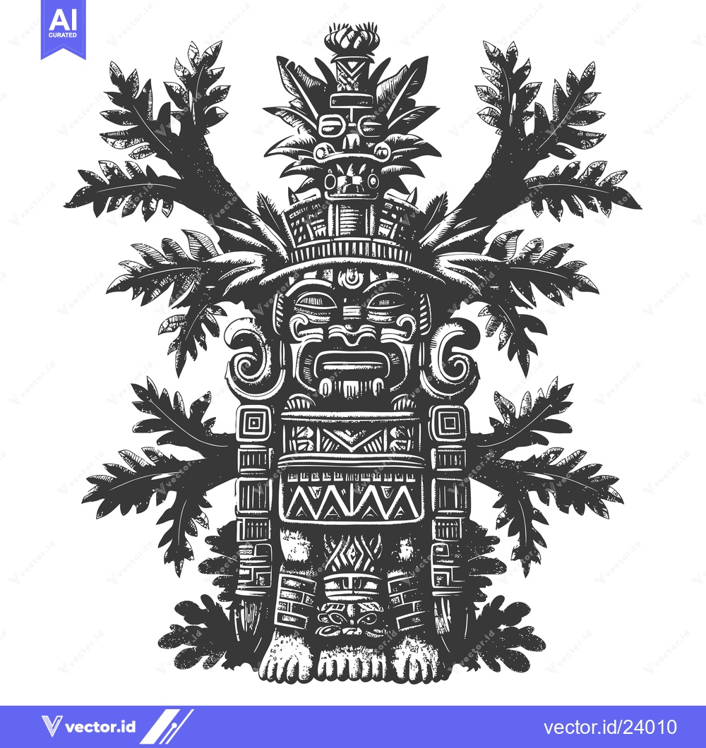 Premium Vector dari Black and White Illustration of a Mayan Deity Surrounded by Leaves