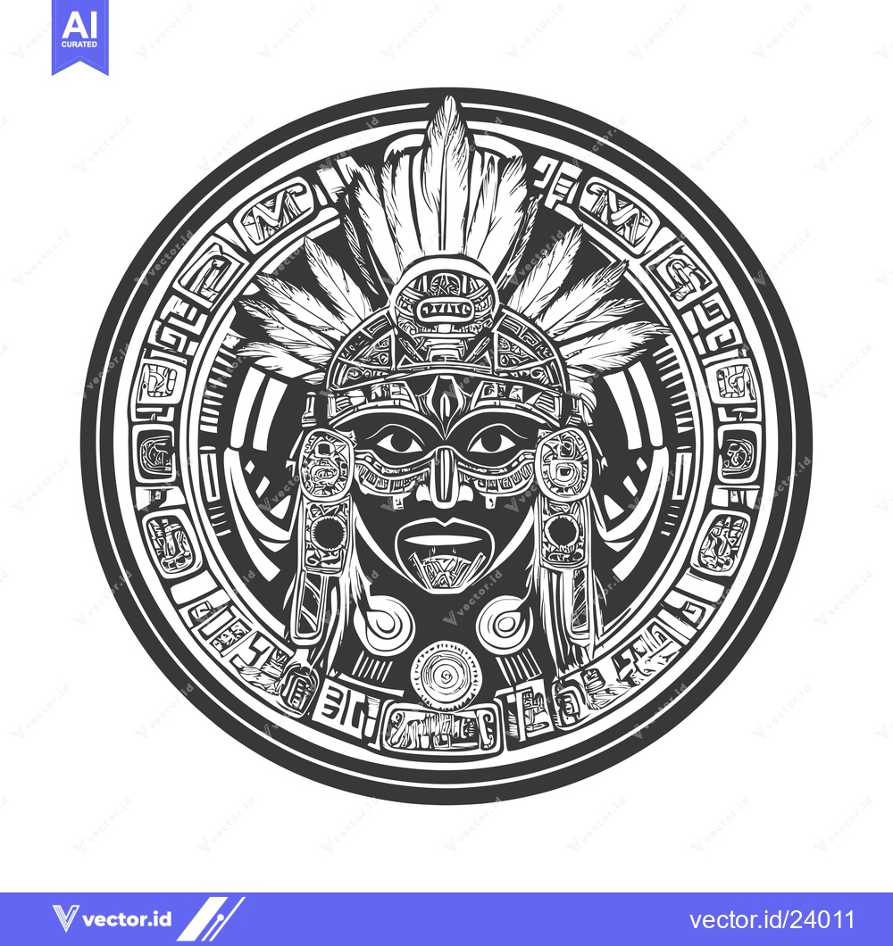 Premium Vector dari Black and White Illustration of a Mayan Deity with Feather Headdress