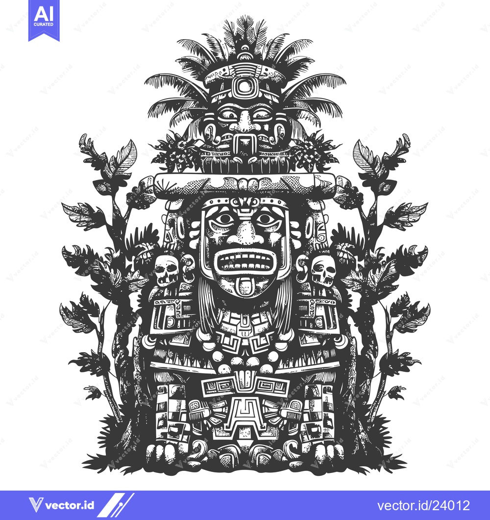 Premium Vector of Black and White Illustration of a Mayan Deity with Feathers and Skulls