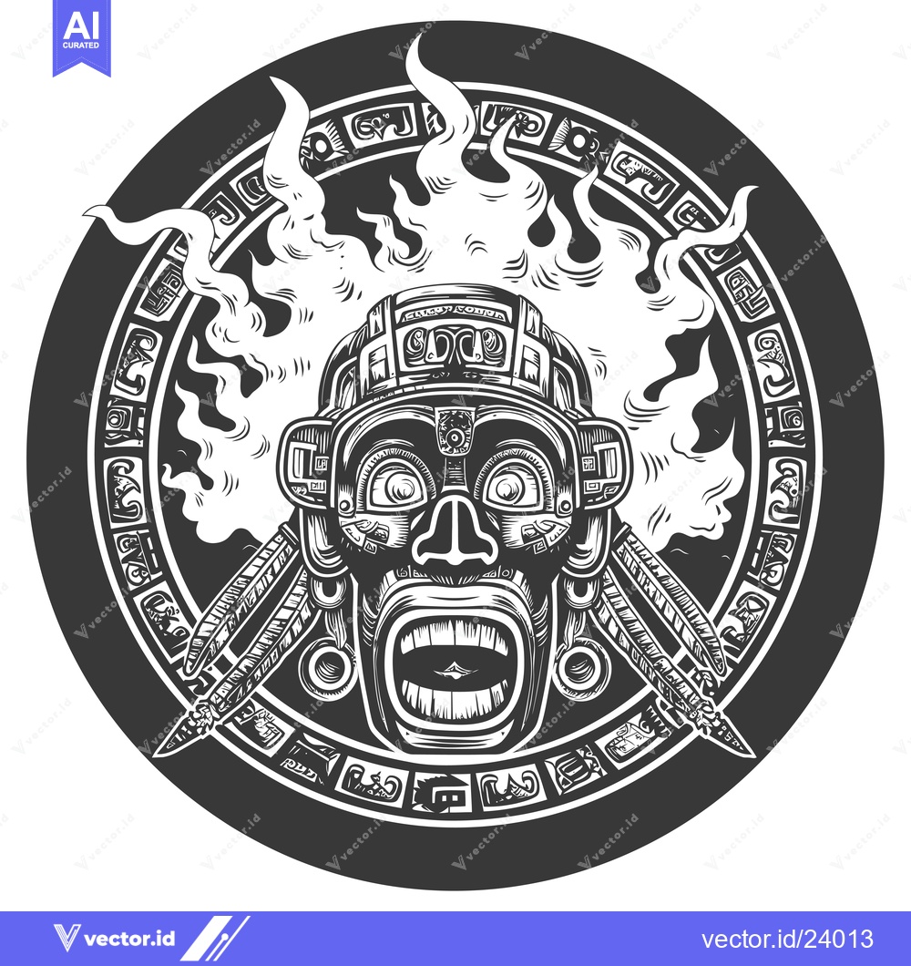 Premium Vector of Black and White Illustration of a Mayan Deity with Flames