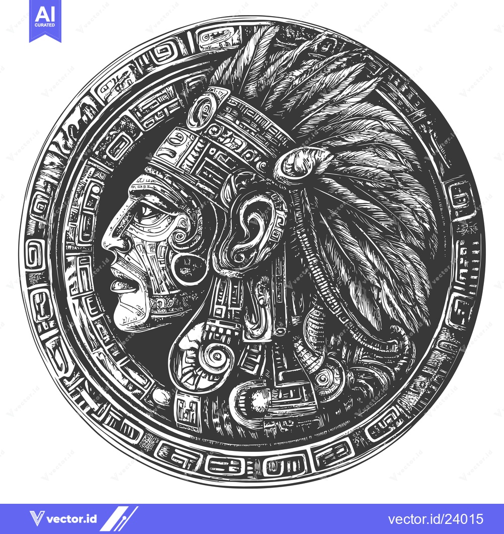 Premium Vector of Black and White Illustration of a Mayan Head with Feathers