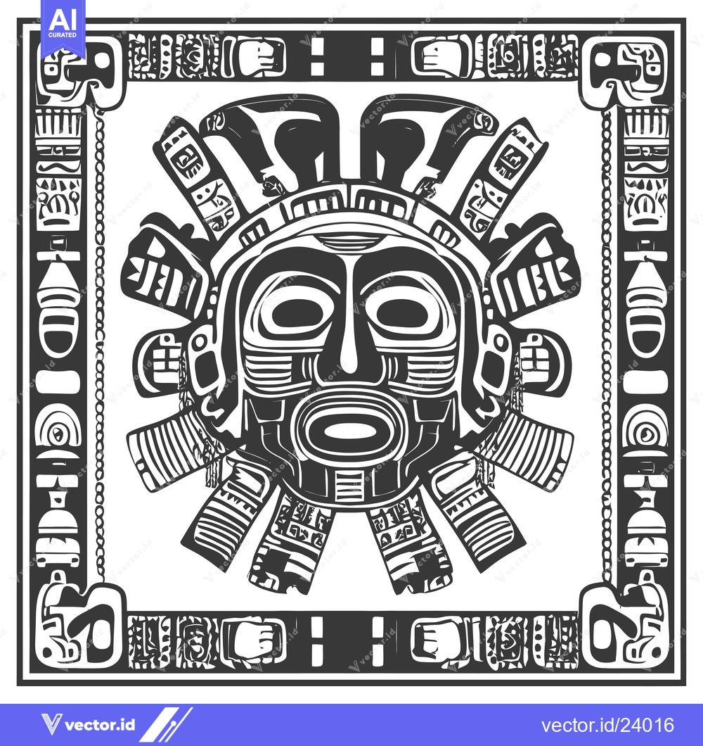Premium Vector of Black and White Illustration of a Mayan Mask in a Frame