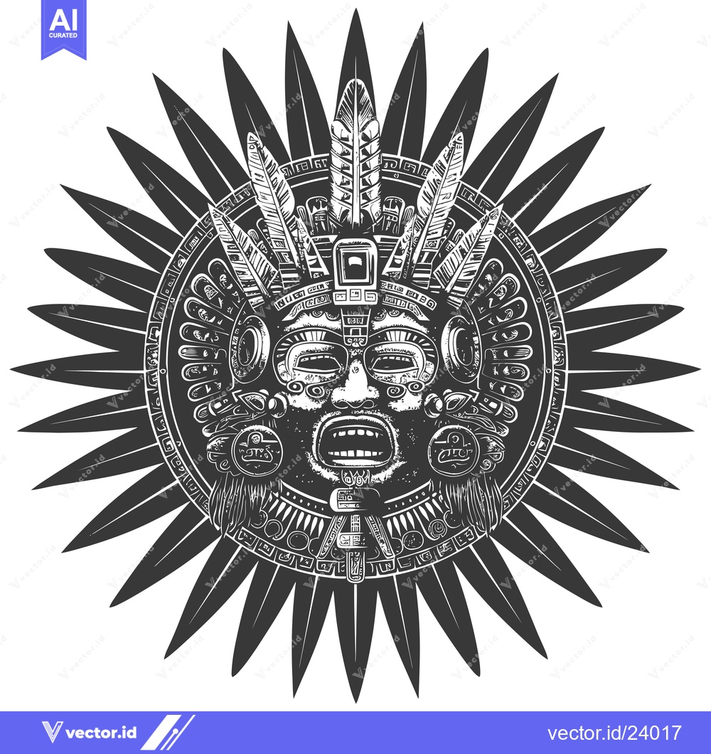 Premium Vector of Black and White Illustration of a Mayan Mask with Feathered Headpiece