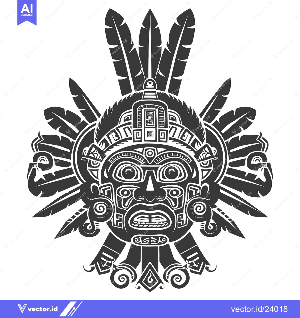 Premium Vector of Black and White Illustration of a Mayan Mask with Feathers