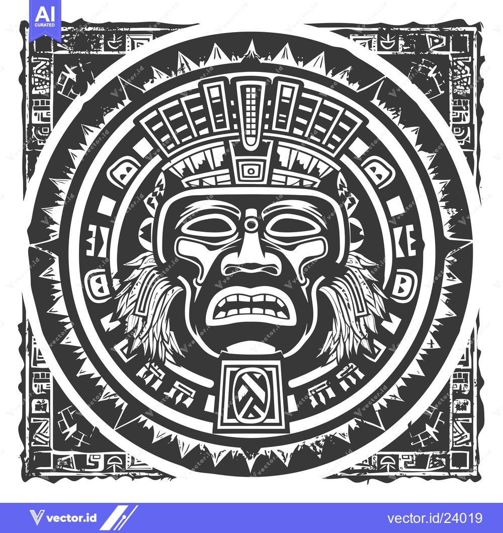 Premium Vector of Black and White Illustration of a Mayan Mask with Geometric Patterns