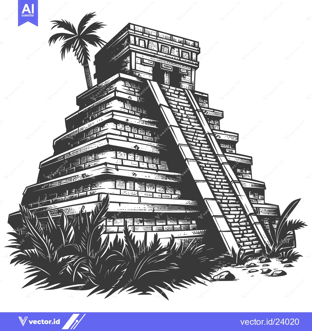 Premium Vector dari Black and White Illustration of a Mayan Pyramid with Palm Trees