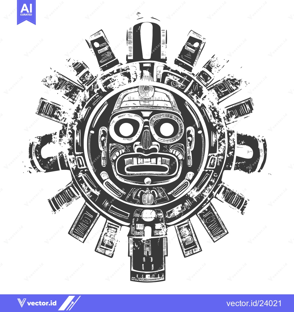 Premium Vector dari Black and White Illustration of a Mayan Sun God Mask with a Grunge Eff