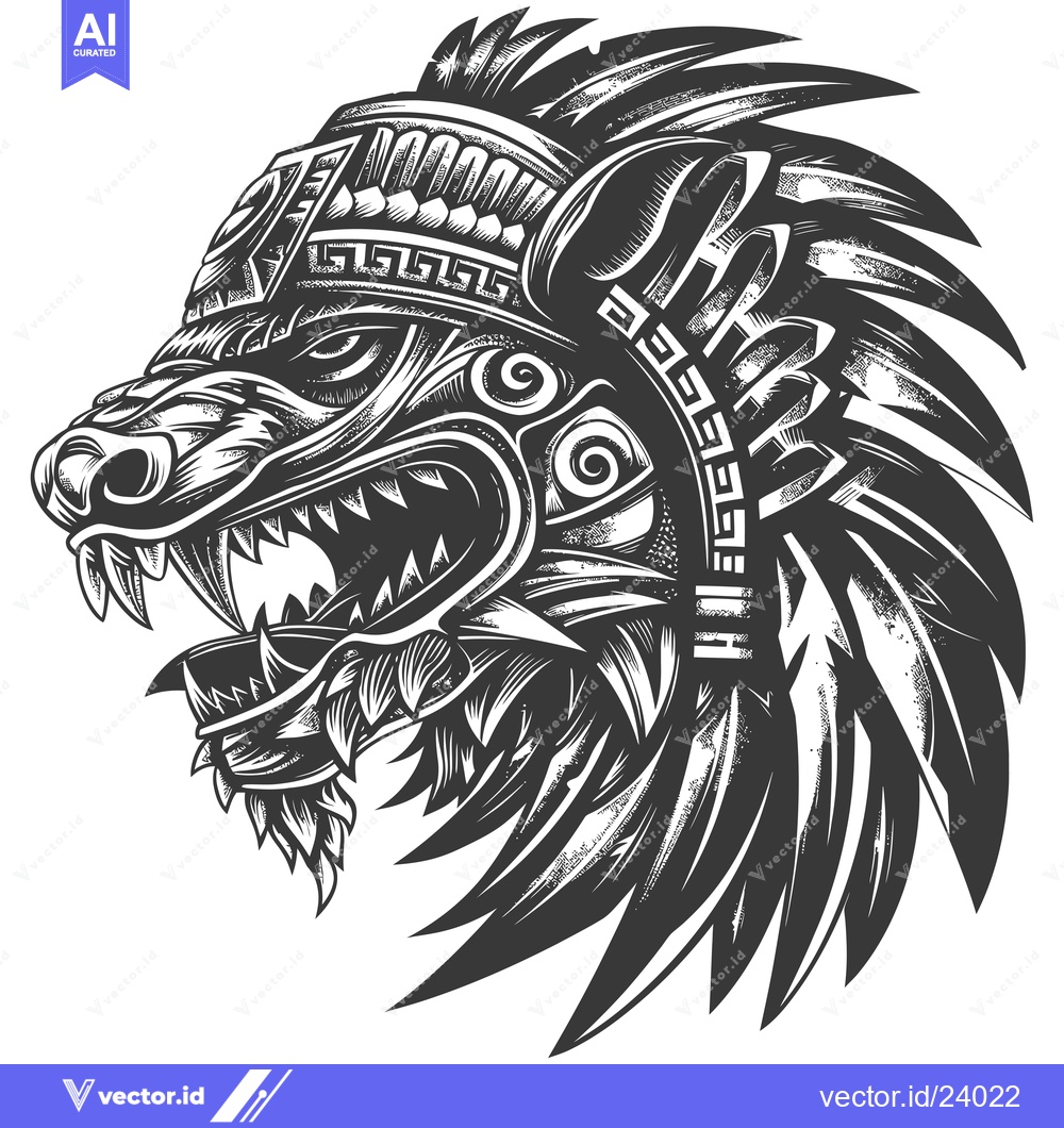 Premium Vector dari Black and White Illustration of a Mayan Warrior's Head with Feathers a