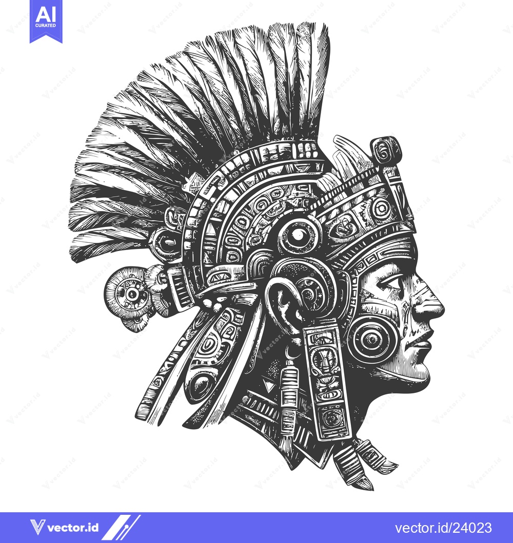 Premium Vector of Black and White Illustration of a Mayan Warrior's Profile with Intrica