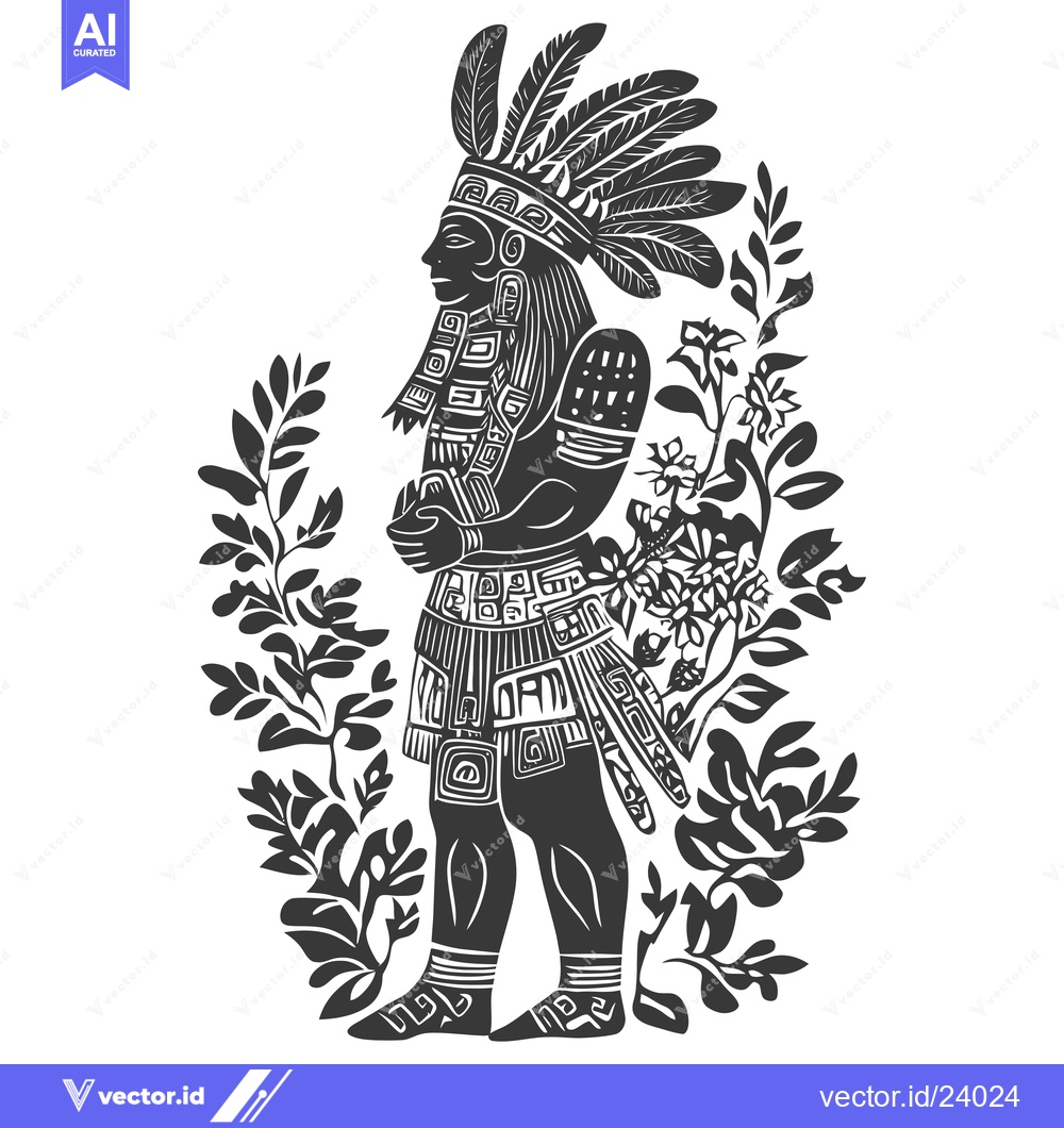 Premium Vector of Black and White Illustration of a Mayan Warrior Standing in Front of a