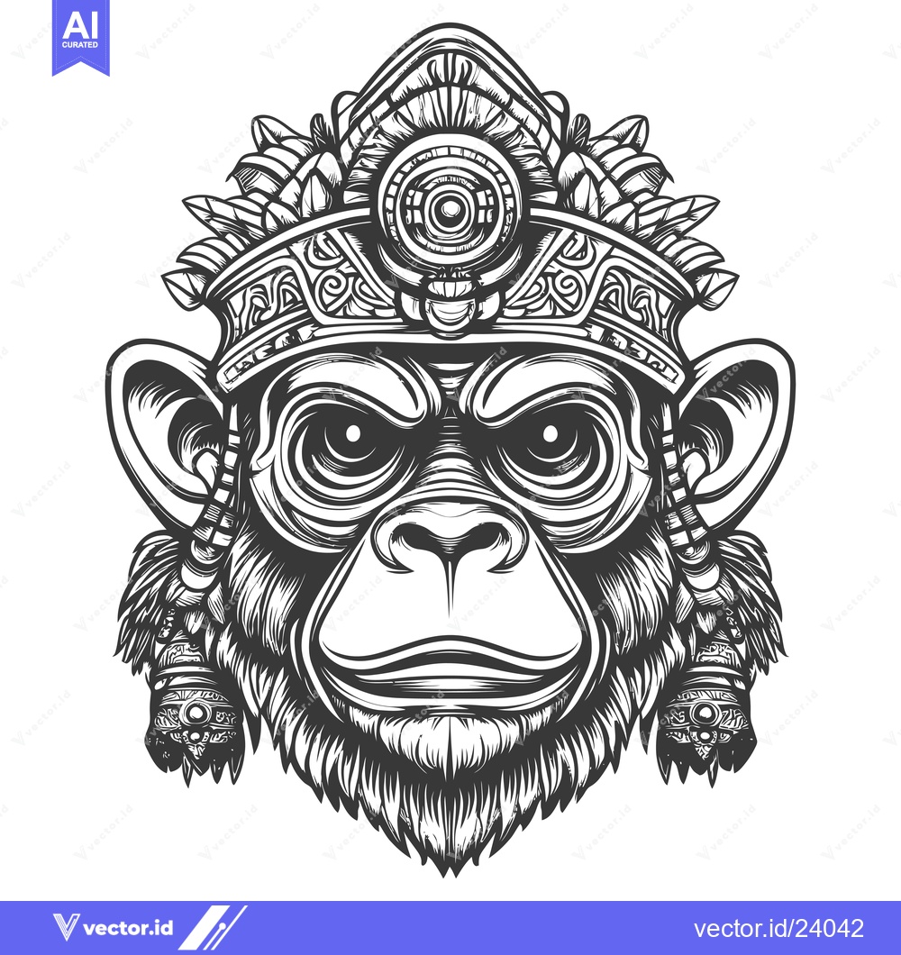 Premium Vector dari Black and White Illustration of a Monkey's Head with Ornate Headdress