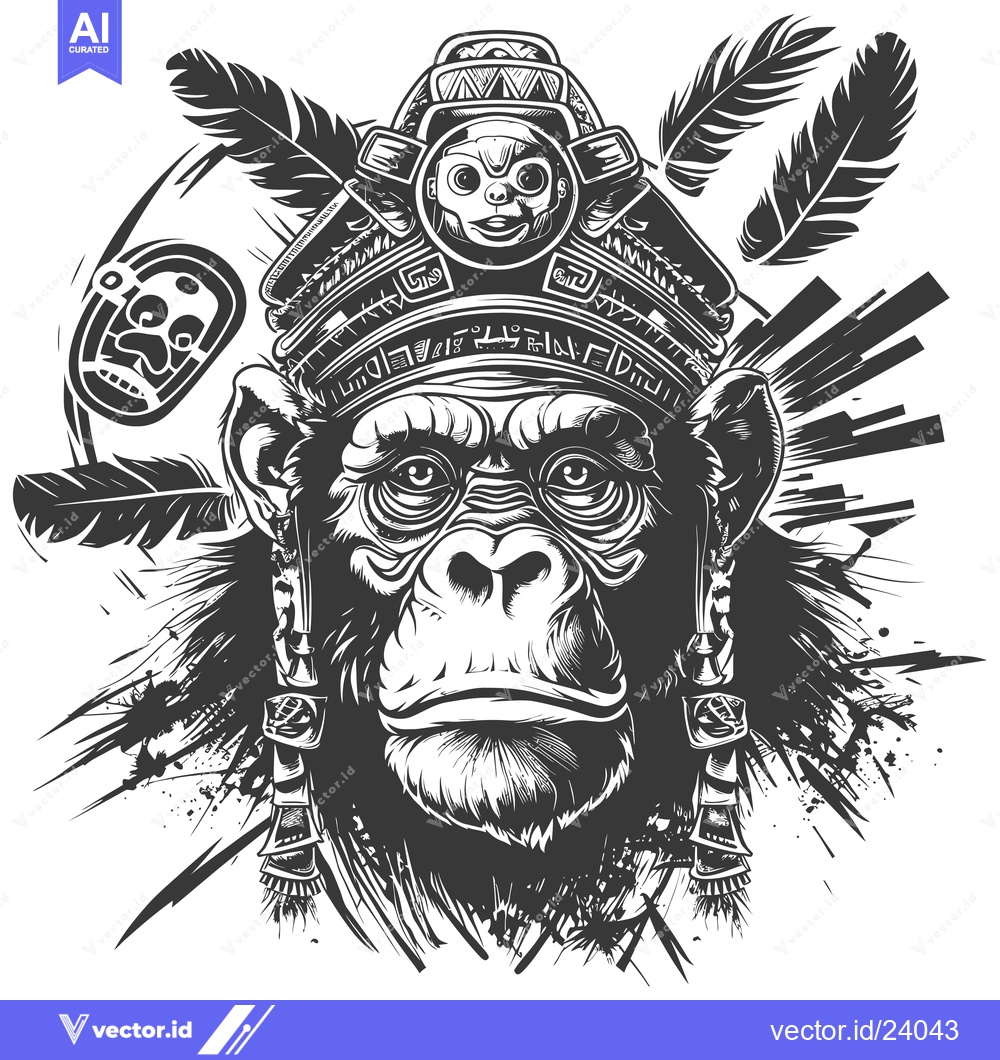 Premium Vector dari Black and White Illustration of a Monkey Wearing a Feathered Headpiece