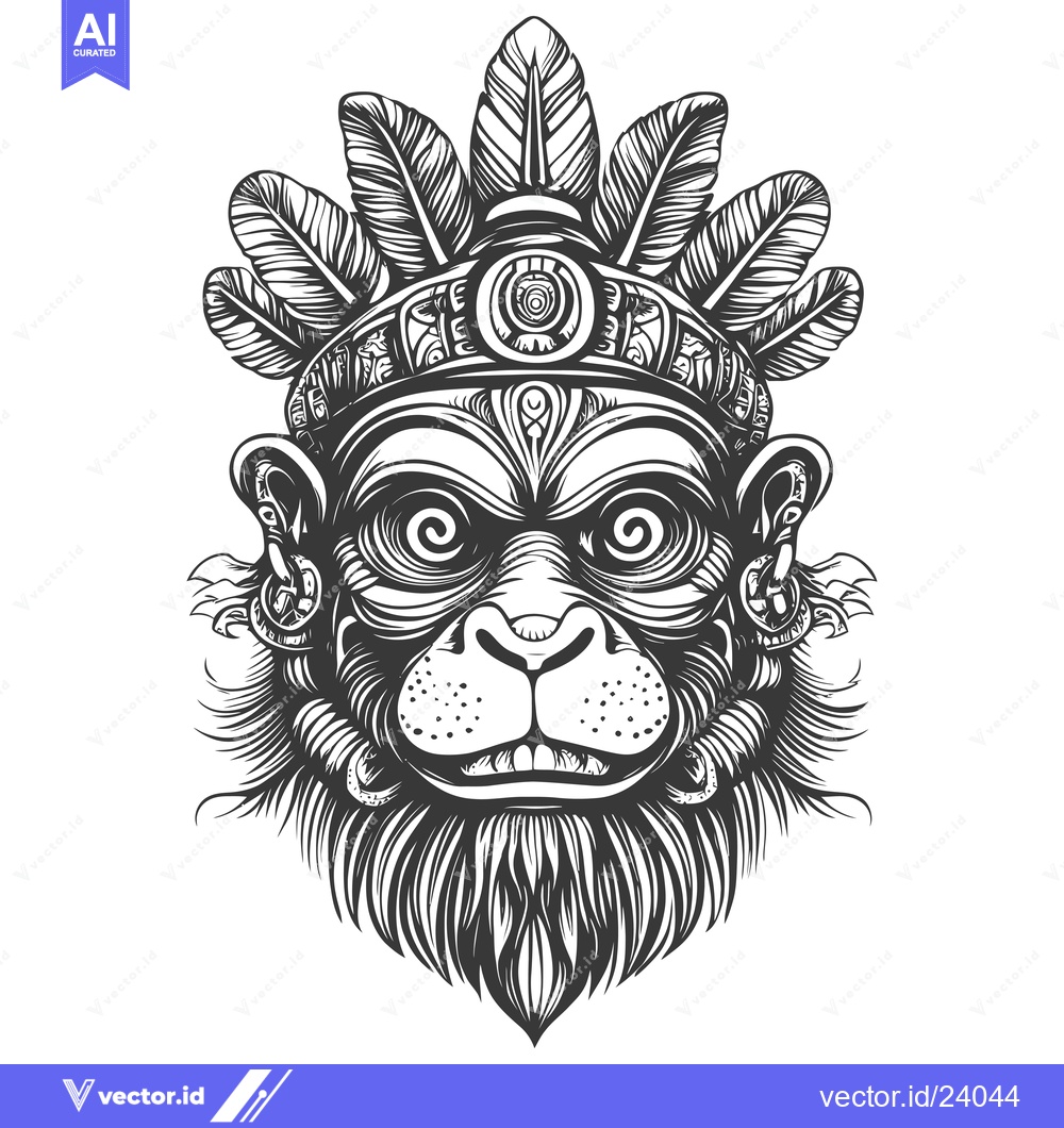 Premium Vector of Black and White Illustration of a Monkey Wearing a Feather Headpiece
