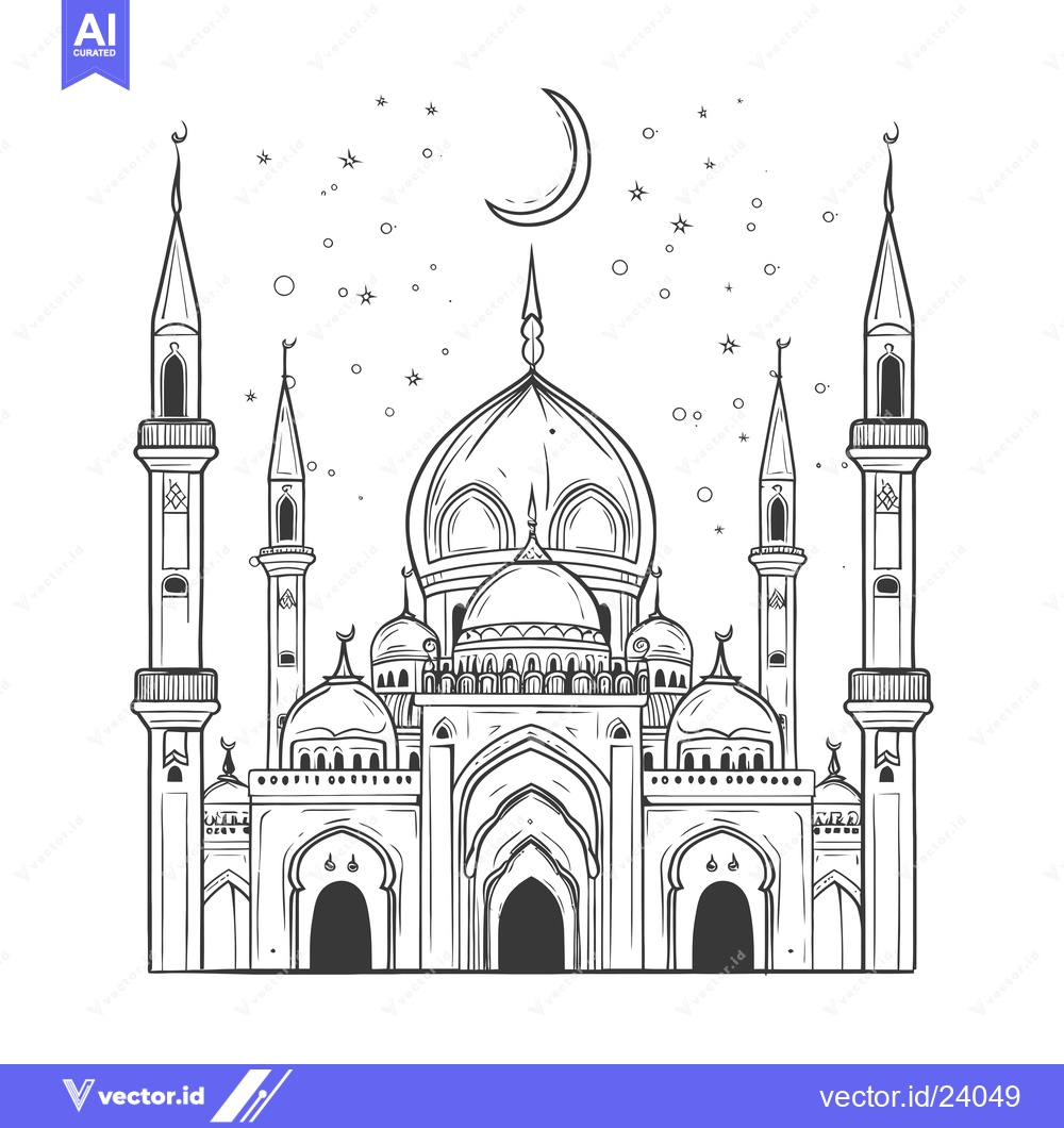 Premium Vector of Black and White Illustration of a Mosque with a Crescent Moon and Star