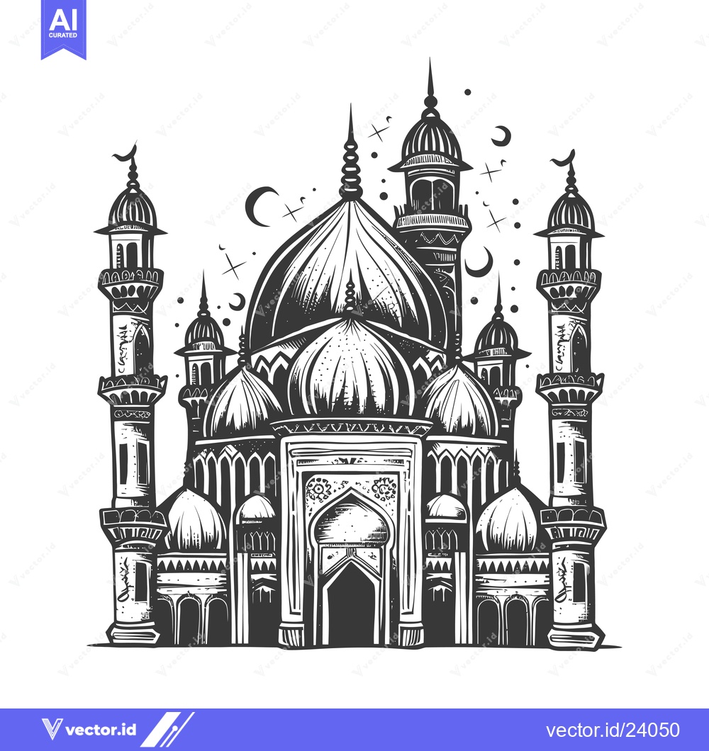 Premium Vector dari Black and White Illustration of a Mosque with Minarets and Domes