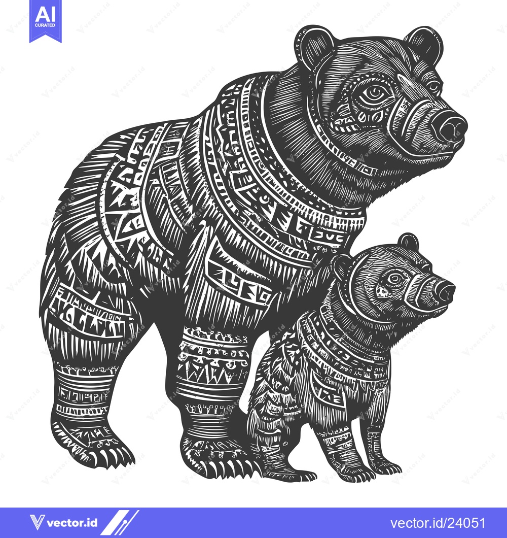 Premium Vector of Black and White Illustration of a Mother Bear and Cub Decorated with G