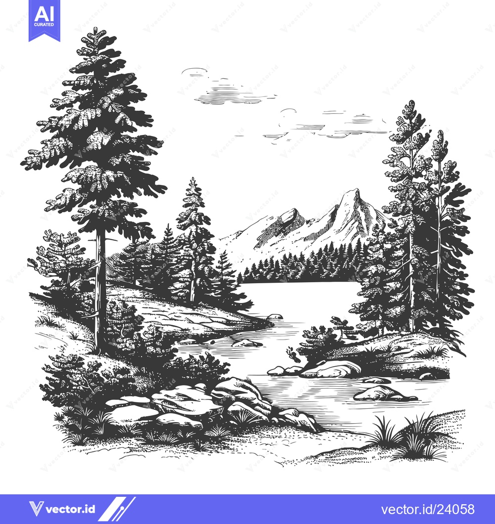 Premium Vector of Black and White Illustration of a Mountain Lake Landscape