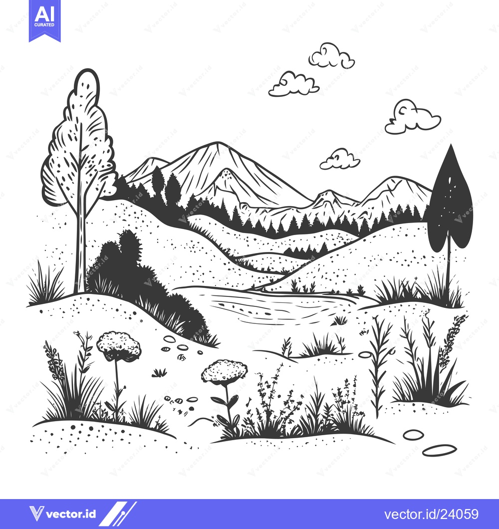 Premium Vector of Black and White Illustration of a Mountain Landscape with Trees, Grass