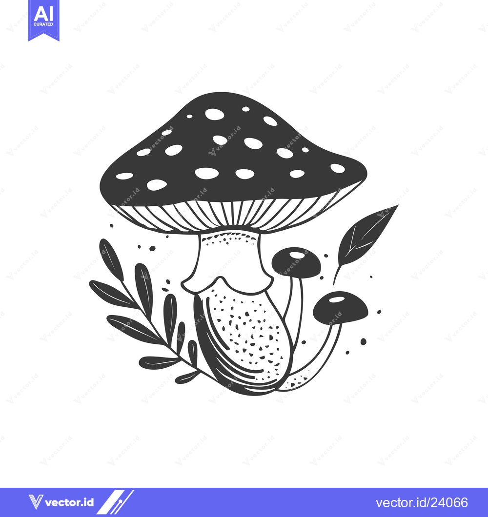 Premium Vector dari Black and White Illustration of a Mushroom with Leaves