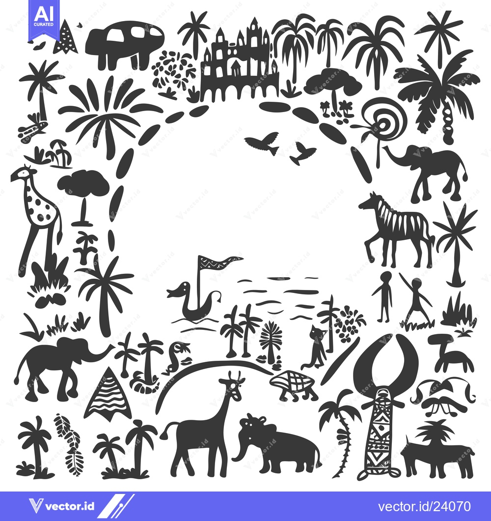 Premium Vector dari Black and White Illustration of an African Landscape with Animals and